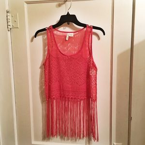 🍑 Peach Lace Fringe Crop Top